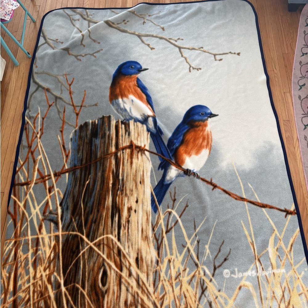 Blue and Brown Bird Print Throw Blanket
